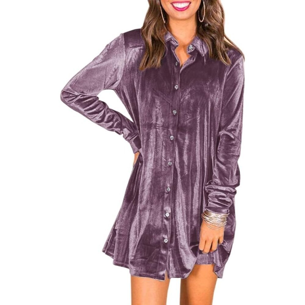 Women's  Light Purple Velvet Button Down T Shirts Swing Mini Dress Casual Long